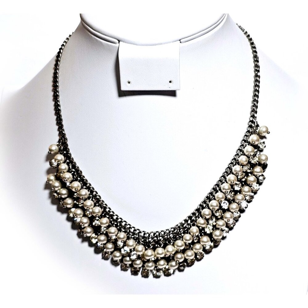 Statement Pearl & Rhinestone Cluster Bib Necklace